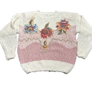 Vintage Needles & Yarn Knit Sweater Beaded Patches Large Grandmacore Cottagecore